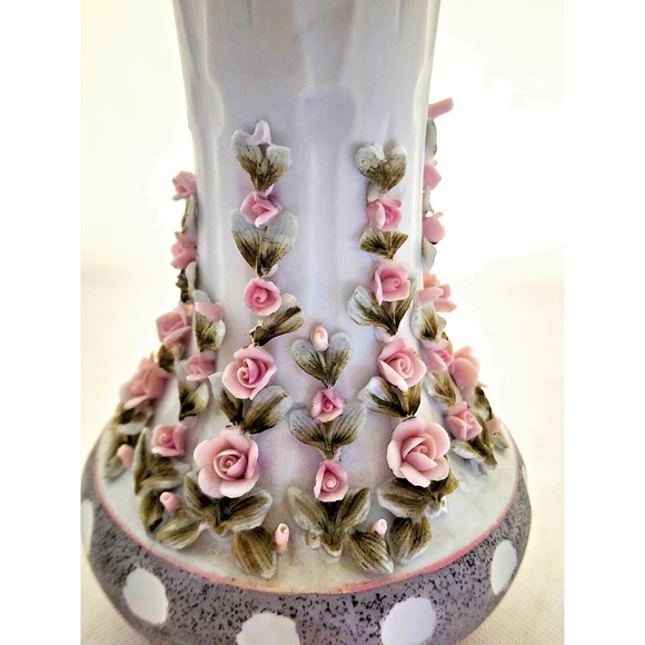 VASE/SHELF DECOR-C. Sadek 6186-Unglazed Porcelain-Molded Flowers-Pink-Gray-10" - Picture 4 of 11